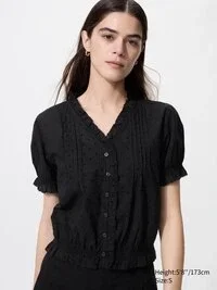 Blusa de algodón con cuello en V y tejido dobby para mujer