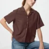Camisas de mujer de mezcla de lino con cuello abierto | Mangas cortas