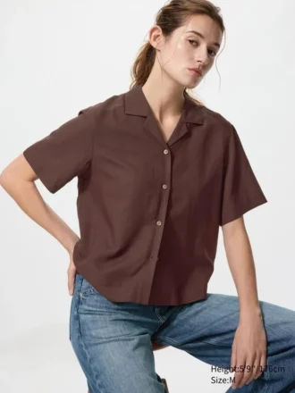 Camisas de mujer de mezcla de lino con cuello abierto | Mangas cortas