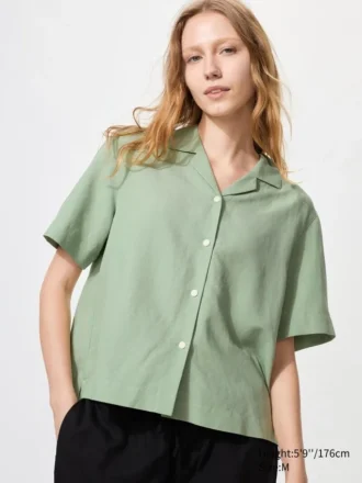 Camisas de mujer de mezcla de lino con cuello abierto | Mangas cortas