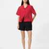 Camisas de mujer de mezcla de lino con cuello abierto | Mangas cortas Camisas de mujer de mezcla de lino con cuello abierto | Mangas cortas