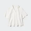 Camisas de mujer de mezcla de lino con cuello abierto | Mangas cortas Camisas de mujer de mezcla de lino con cuello abierto | Mangas cortas