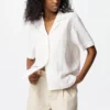 Camisas de mujer de mezcla de lino con cuello abierto | Mangas cortas | A rayas