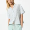 Camisas de mujer de mezcla de lino con cuello abierto | Mangas cortas | A rayas Camisas de mujer de mezcla de lino con cuello abierto | Mangas cortas | A rayas