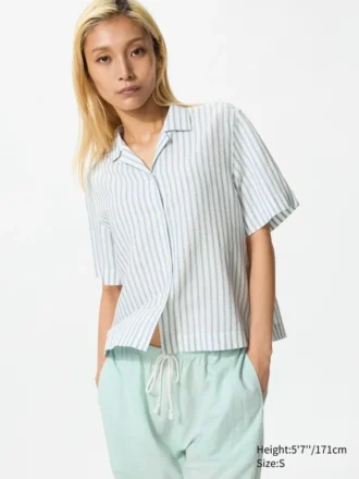 Camisas de mujer de mezcla de lino con cuello abierto | Mangas cortas | A rayas