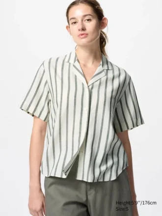 Camisas de mujer de mezcla de lino con cuello abierto | Mangas cortas | A rayas