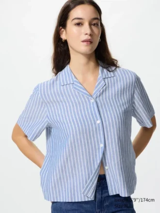 Camisas de mujer de mezcla de lino con cuello abierto | Mangas cortas | A rayas