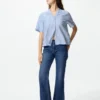 Camisas de mujer de mezcla de lino con cuello abierto | Mangas cortas | A rayas Camisas de mujer de mezcla de lino con cuello abierto | Mangas cortas | A rayas