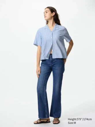 Camisas de mujer de mezcla de lino con cuello abierto | Mangas cortas | A rayas