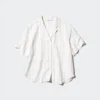 Camisas de mujer de mezcla de lino con cuello abierto | Mangas cortas | A rayas Camisas de mujer de mezcla de lino con cuello abierto | Mangas cortas | A rayas