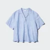 Camisas de mujer de mezcla de lino con cuello abierto | Mangas cortas | A rayas Camisas de mujer de mezcla de lino con cuello abierto | Mangas cortas | A rayas