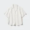 Camisas de mujer de mezcla de lino con cuello abierto y mangas cortas Camisas de mujer de mezcla de lino con cuello abierto y mangas cortas