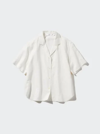 Camisas de mujer de mezcla de lino con cuello abierto y mangas cortas