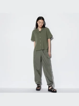 Camisas de mujer de mezcla de lino con cuello abierto y mangas cortas