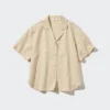 Camisas de mujer de mezcla de lino con cuello abierto y mangas cortas Camisas de mujer de mezcla de lino con cuello abierto y mangas cortas
