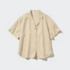 Camisas de mujer de mezcla de lino con cuello abierto y mangas cortas Camisas de mujer de mezcla de lino con cuello abierto y mangas cortas