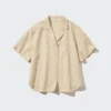 Camisas de mujer de mezcla de lino con cuello abierto y mangas cortas en pantalones cortos Camisas de mujer de mezcla de lino con cuello abierto y mangas cortas en pantalones cortos
