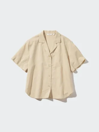 Camisas de mujer de mezcla de lino con cuello abierto y mangas cortas en pantalones cortos