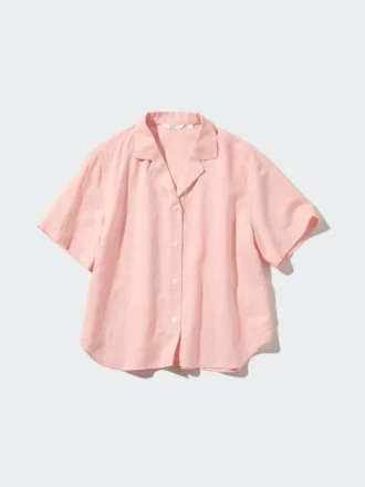 Camisas de mujer de mezcla de lino con cuello abierto y mangas cortas en pantalones cortos
