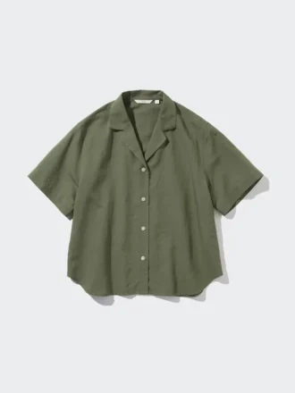 Camisas de mujer de mezcla de lino con cuello abierto y mangas cortas en pantalones cortos