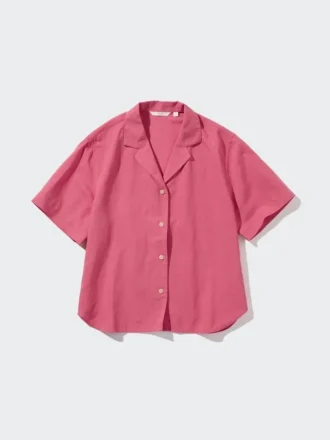 Camisas de mujer de mezcla de lino con cuello abierto y mangas cortas en pantalones cortos