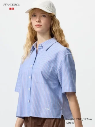 Camisas de mujer Oxford de corte cuadrado con pantalones cortos y mangas cortas | A rayas