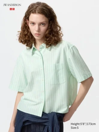 Camisas de mujer Oxford de corte cuadrado con pantalones cortos y mangas cortas | A rayas