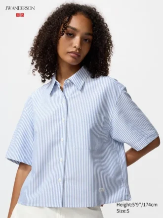 Camisas de mujer Oxford de corte cuadrado con pantalones cortos y mangas cortas | A rayas