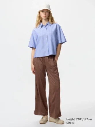 Camisas de mujer Oxford de corte cuadrado con pantalones cortos y mangas cortas | A rayas