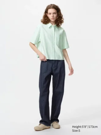Camisas de mujer Oxford de corte cuadrado con pantalones cortos y mangas cortas | A rayas