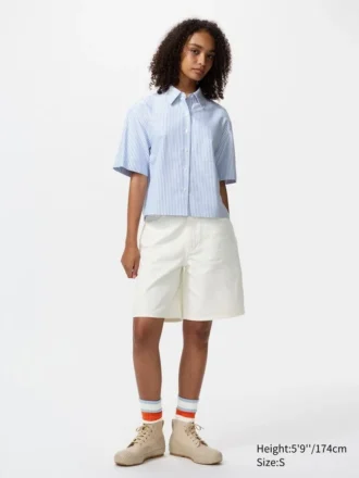 Camisas de mujer Oxford de corte cuadrado con pantalones cortos y mangas cortas | A rayas