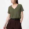 Camiseta de cuello en V de algodón slub para mujer