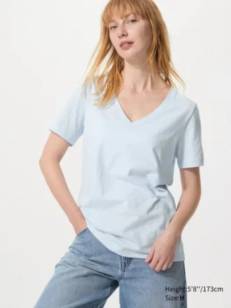 Camiseta de cuello en V de algodón slub para mujer