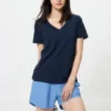 Camiseta de cuello en V de algodón slub para mujer