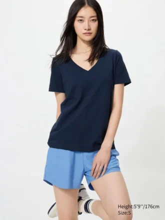 Camiseta de cuello en V de algodón slub para mujer