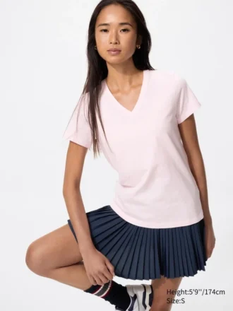 Camiseta de cuello en V de algodón slub para mujer