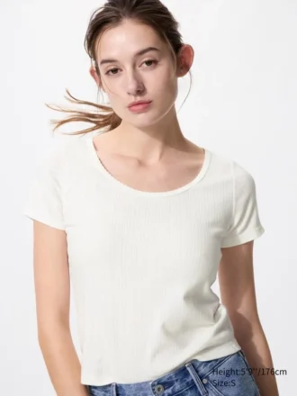 Camiseta mini de cuello redondo con punto calado para mujer