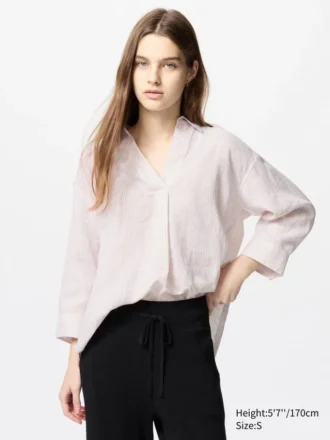 Premium Linen camisa con cuello barco para mujer | A rayas