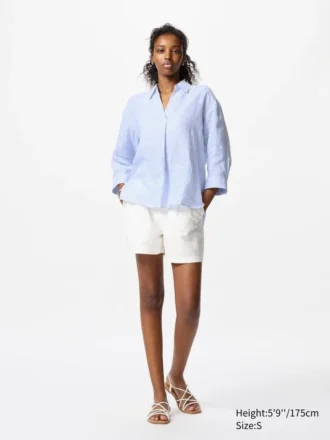Premium Linen camisa con cuello barco para mujer | A rayas